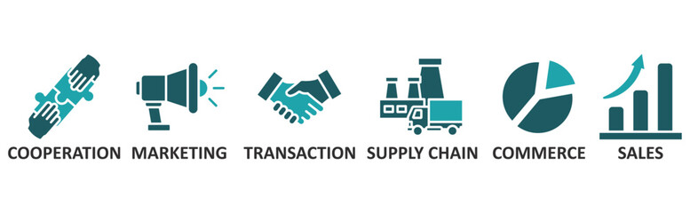B2B icon set illustration concept with icon of cooperation, marketing, transaction, supply chain, commerce, sales