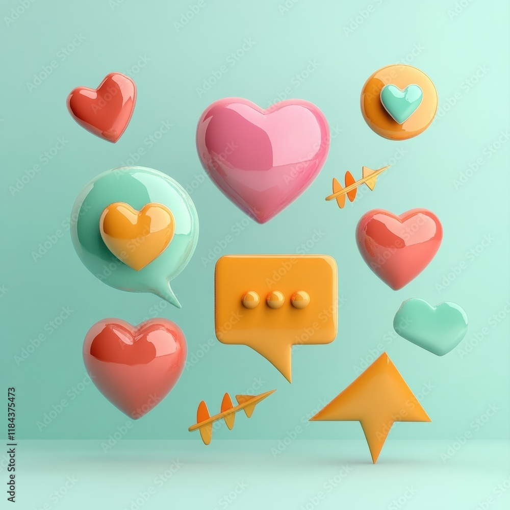 Aufkleber Colorful 3D chat bubbles and hearts floating against a light background for creative design. Generative AI