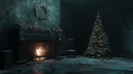 Fototapeta premium christmas fireplace in a living room with a burning tree