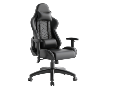 Sleek black leather gaming chair, ergonomic design for ultimate comfort and enhanced experience