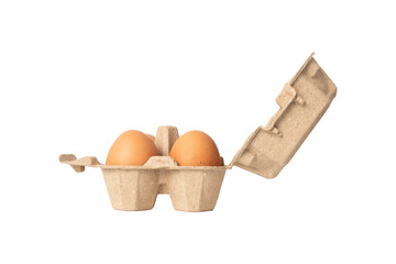 Side view of chicken eggs in brown cardboard box isolated on transparent background