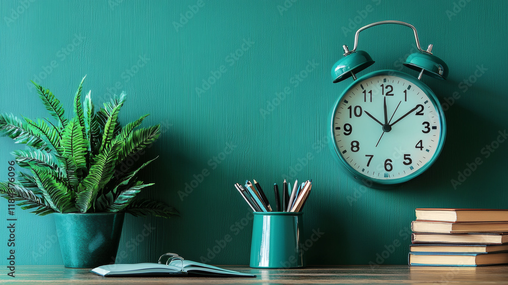 Poster A motivational setup with an inspiring quote on time management near a workstation Stock Photo with side copy space.