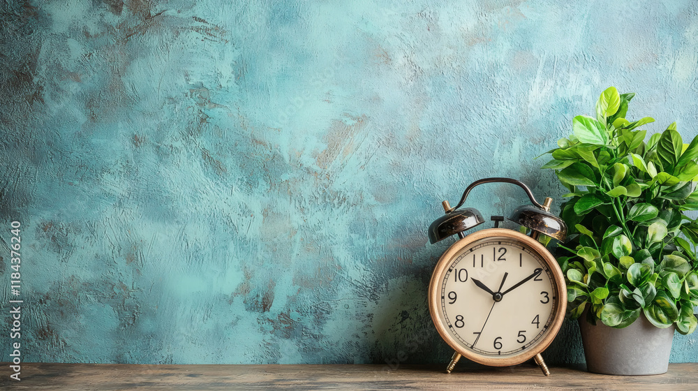 Poster a motivational setup with an inspiring quote on time management near a workstation stock photo with 