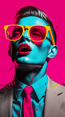 Abstract Pop Art Vintage Man portrait with colorful skin and sunglasses artwork design vertical