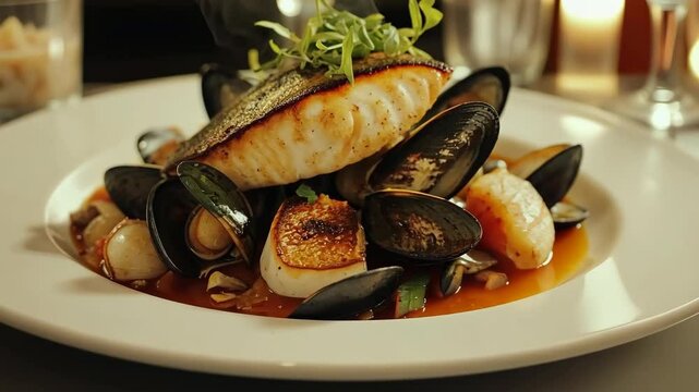 Delightful seafood dish featuring grilled fish and shellfish arranged beautifully on a plate