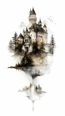 Obraz premium Enchanted Castle Illustration: Misty Mountaintop
