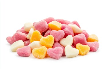 Pile of pink, yellow, and white heart-shaped candies on white background. Clean, sharp focus, professional studio shot.