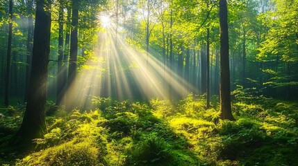 Fototapeta premium Serene Forest with Sunlight Beaming Through Lush Green Trees