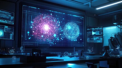 Quantum science in a research lab, with glowing quantum states and particles interacting on a digital screen