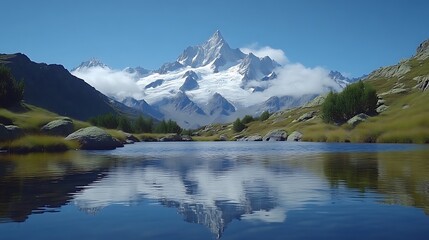 Majestic Mountain Peak Reflected in Serene Alpine Lake: A Tranquil Landscape