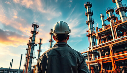 Back view of an engineer inspecting the industrial pipeline oil and gas on site