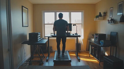 Caucasian Man Walking on a Treadmill Desk in a Modern Home Office. Healthy Remote Working