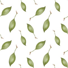 Delicate green leaves in seamless watercolor pattern for textile and wrapping design