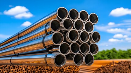 Metallic Pipes Stacked Neatly Against Clear Blue Sky and Greenery