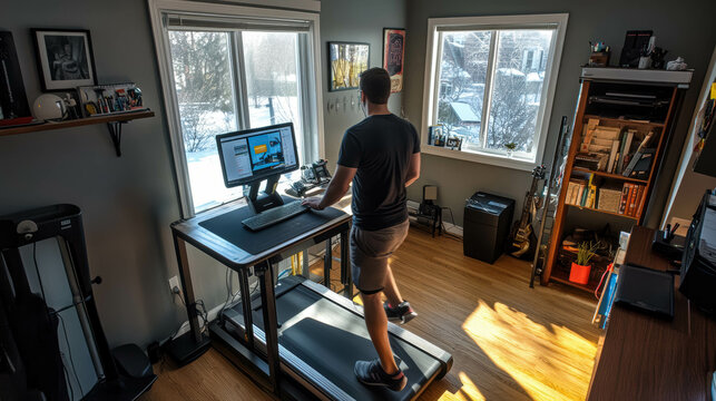 Caucasian Man Walking on a Treadmill Desk in a Modern Home Office. Healthy Remote Working - Powered by Adobe