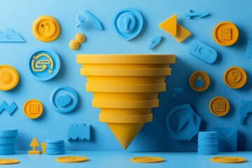 3D sales funnel concept with various icons and data elements