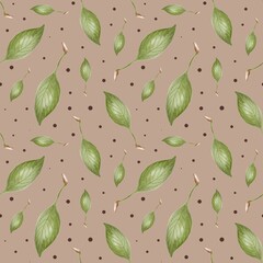 Seamless watercolor textile design featuring cherry leaves on a soft brown background