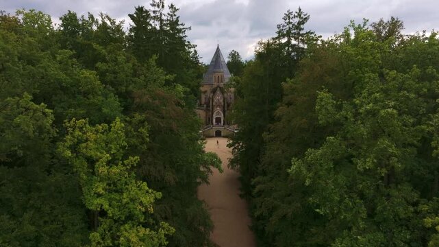 Aerial view of the majestic Schwarzenberg tomb surrounded by serene forest and picturesque greenery, Trebon, Czech Republic.