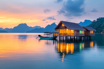 Fototapeta premium The Emerald Ubosot during sunrise, with its golden and emerald details glowing softly in the early light