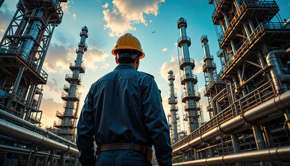 Back view of an engineer inspecting the industrial pipeline oil and gas on site