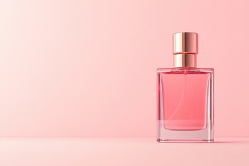 Elegant perfume bottle with rose gold cap on reflective surface against soft pink background