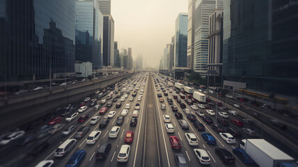 Aerial view of congested urban highway with rows of cars in traffic jam, surrounded by tall skyscrapers and smog, symbolizing city stress and transportation challenges.