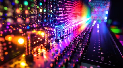 Quantum sensor array emitting multicolored lights, surrounded by a dark and futuristic laboratory