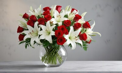 Fototapeta premium Stunning floral arrangement of red roses and white lilies in a sleek glass vase , vases, elegance, modern