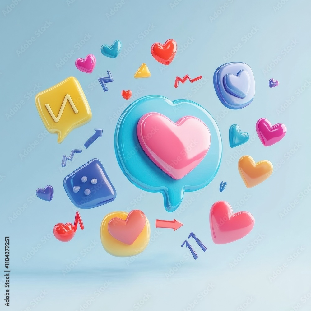 Aufkleber floating 3d chat bubbles, hearts, and arrows create a vibrant digital conversation atmosphere in a p