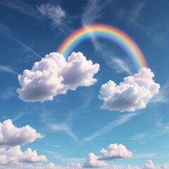 Whimsical rainbow clouds drifting across a clear blue sky, airy atmosphere, pastel color palette
