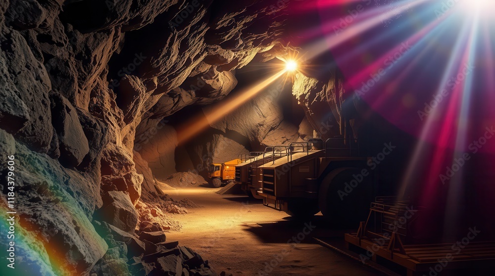 Poster a dimly lit cave with illuminated pathways, showcasing rugged rock formations and beams of light cre