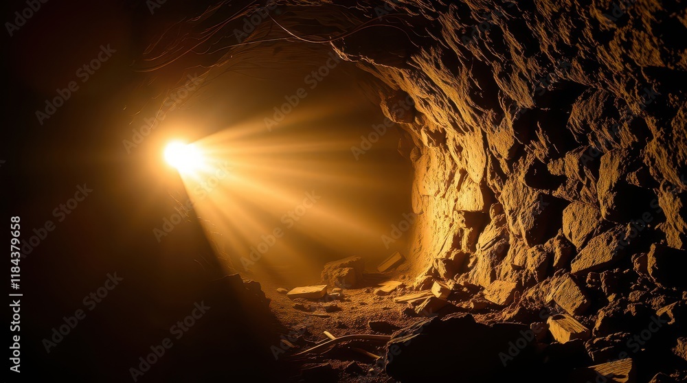 Poster a dimly lit tunnel with a bright light at the end, creating a dramatic contrast between shadow and i