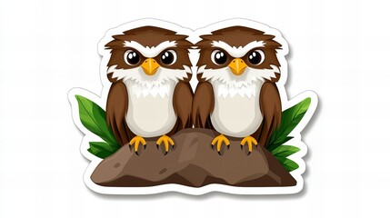 Obraz premium Two adorable cartoon owls perched on a rock, surrounded by lush green leaves. A charming illustration featuring a whimsical design and vibrant colors.