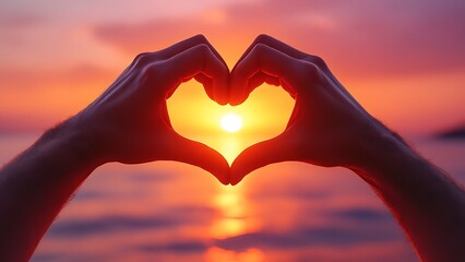 Male making heart shape hand in a beautiful sunset nature setting. Love and compassion concept