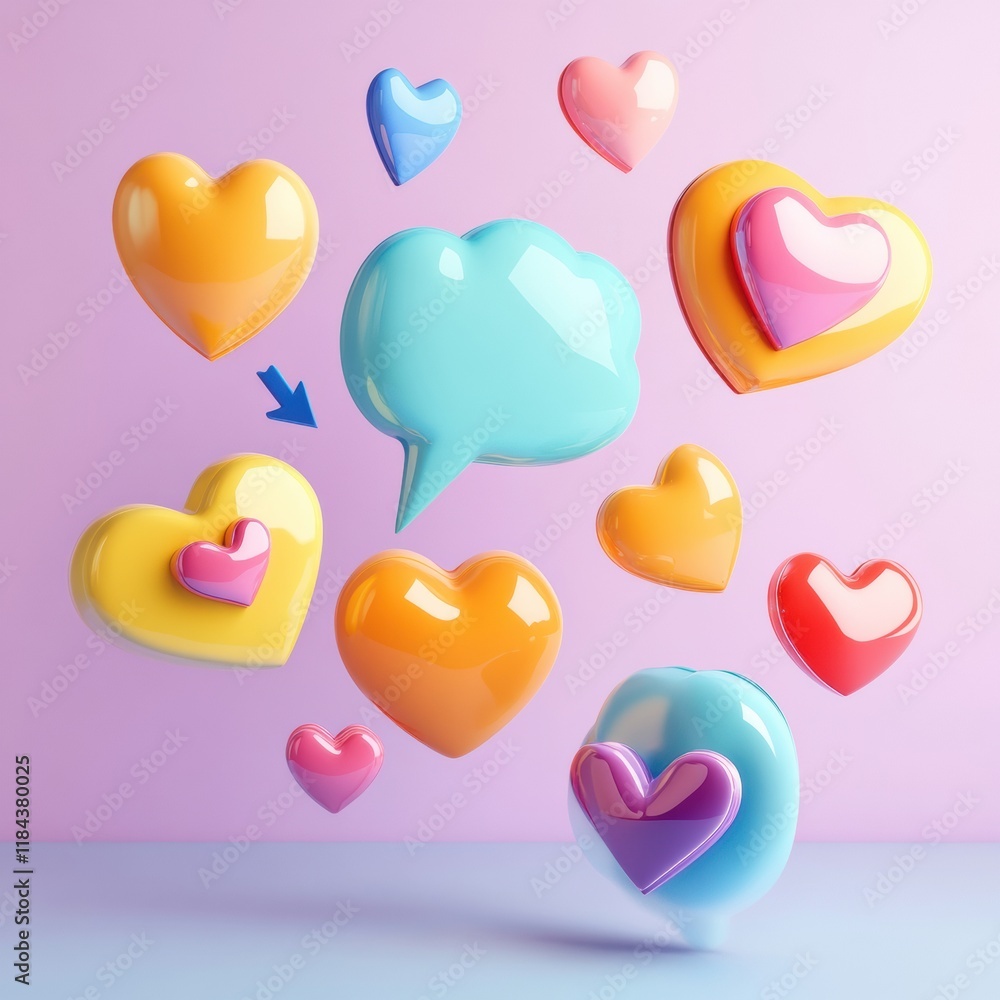Leinwandbilder floating 3d chat bubbles and colorful hearts create an engaging digital conversation atmosphere. gen