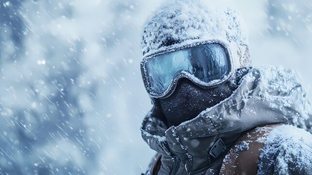 Frosty winter scene featuring a snow-covered face shield, goggles, and a frozen jacket, emphasizing the harsh cold. Frostleaf. Illustration