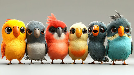 Fototapeta premium Adorable Cartoon Bird Illustration: Six Colorful Parrots