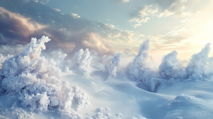 Frozen landscape with snowcovered trees and ice formations. Frostleaf. Illustration