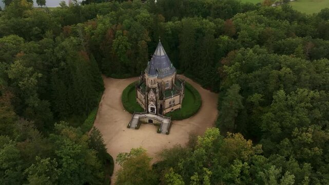 Aerial view of the historic Schwarzenberg tomb surrounded by lush greenery and autumn foliage, Trebon, Czech Republic.