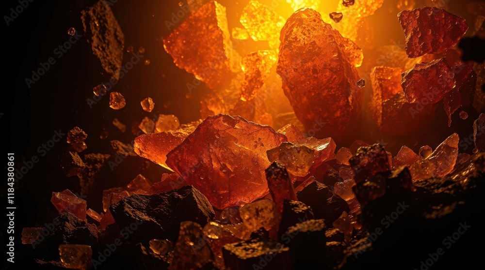 Poster a captivating display of glowing amber crystals illuminated by a warm light, creating an enchanting 