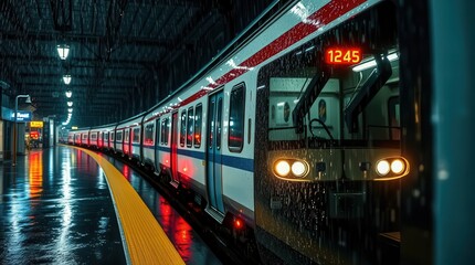 Fototapeta premium A train waits in a rain-soaked station, illuminated by bright lights, with a digital display showing the number 1245.