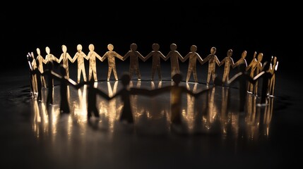 Naklejka premium Symbolic paper figures holding hands in unity circle on reflective surface