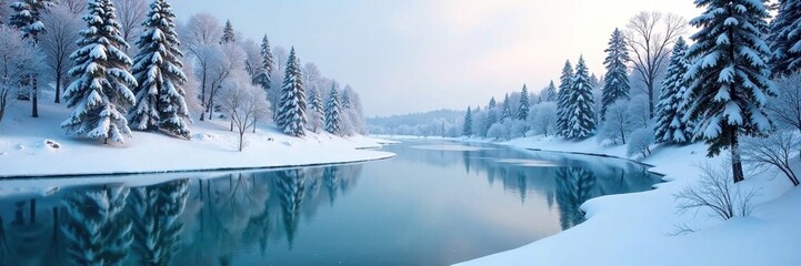 Icy river with snow-covered trees and frozen lake in background, landscape, winter