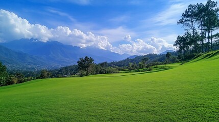 Lush green golf course with mountain backdrop under a vibrant blue sky.
