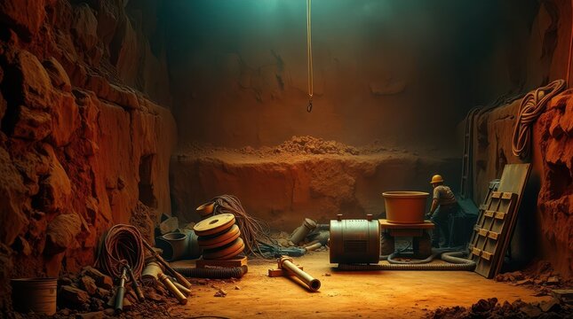 A dimly lit workshop with earthy tones, featuring tools and machinery, evokes a sense of craftsmanship and industriousness in a rustic environment.