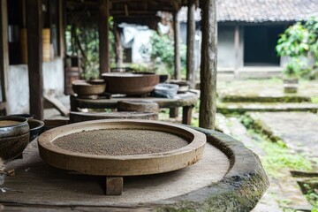Ancient methods of fermenting Pu-erh tea, detailed steps in a rustic setup
