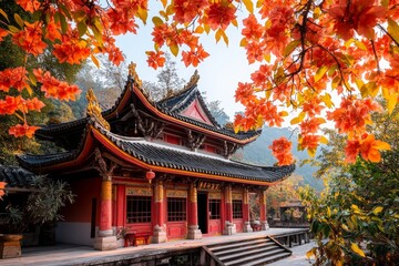 Obraz premium The roof of an ubosot with multicolored tiles glistening under a bright tropical sun, flanked by golden finials