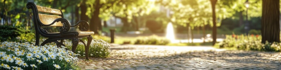 Fototapeta premium Tranquil pathway in a sunlit park with bench and blooming flowers