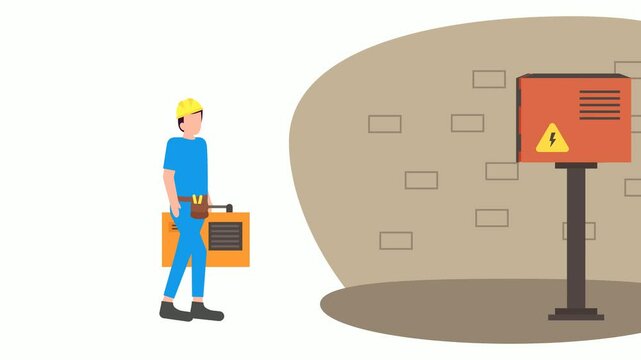 outdoor electrical box with lineman coming to fix animation, substation Panel Repair animated video, Electrician Profession Clip, Power Supply wiring footage, handyman Repairman tools motion graphics