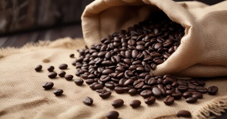 Dark roasted coffee beans overflowing burlap sack, coffee, grain, drink
